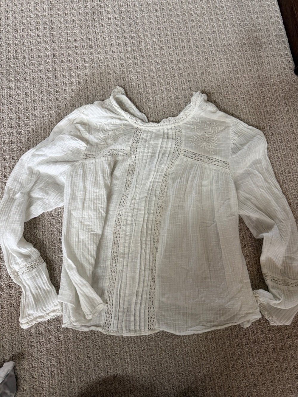 Zara White Cotton Lace-Panel Boho Blouse Medium